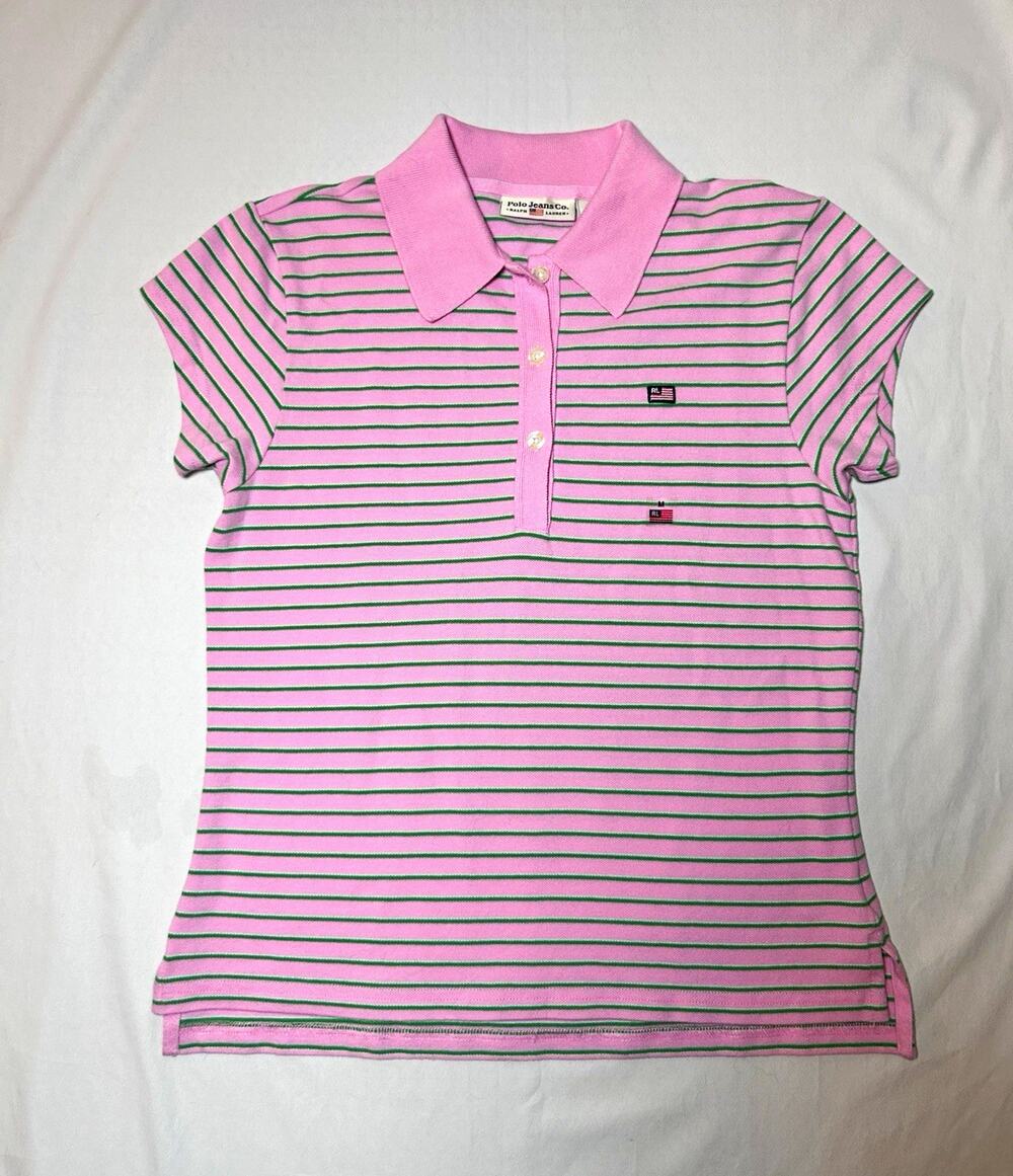 Polo Jeans Co. Ralph Lauren Women's Pink/Green Striped Stretch Polo Shirt M